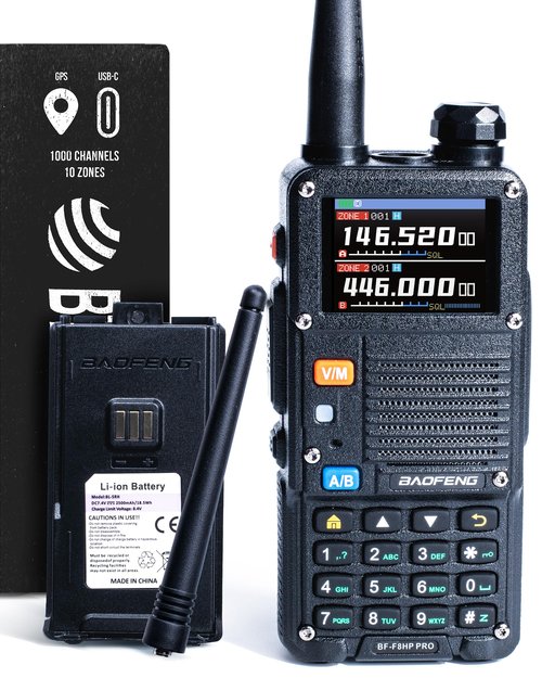BAOFENG BF-F8HP PRO 10 W Tri-Band Two-Way Radio – UV-5R 7th Gen, 1000 Channels, GPS & NOAA Weather, Aviation/VHF/UHF/1.25 m Scanner, IP54 Rugged, USB-C Rechargeable Battery