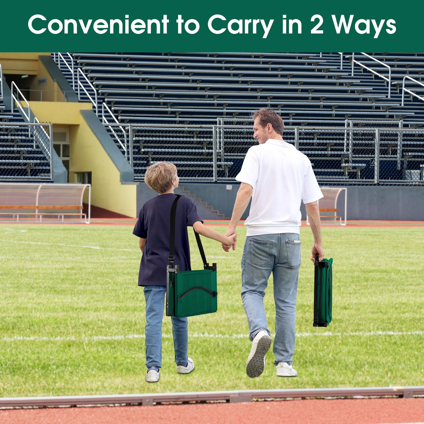 Halituny Stadium Seat for Bleachers with Back Support, Portable Bleacher Seat with Wide Comfy Padded Cushion, Metal Hook, Folding Stadium Chair with Shoulder Strap, Carry Handle, Cup Holder, Green