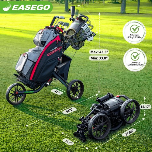 EASEGO Golf Push Cart 3 Wheel : Golf Bag Cart Foldable with Phone Holder/Cup/Umbrella Holder Compact Golf Pull Carts Quick Fold Golf Caddy Push Carts with Large Wheelbase for Different Terrain(Black)