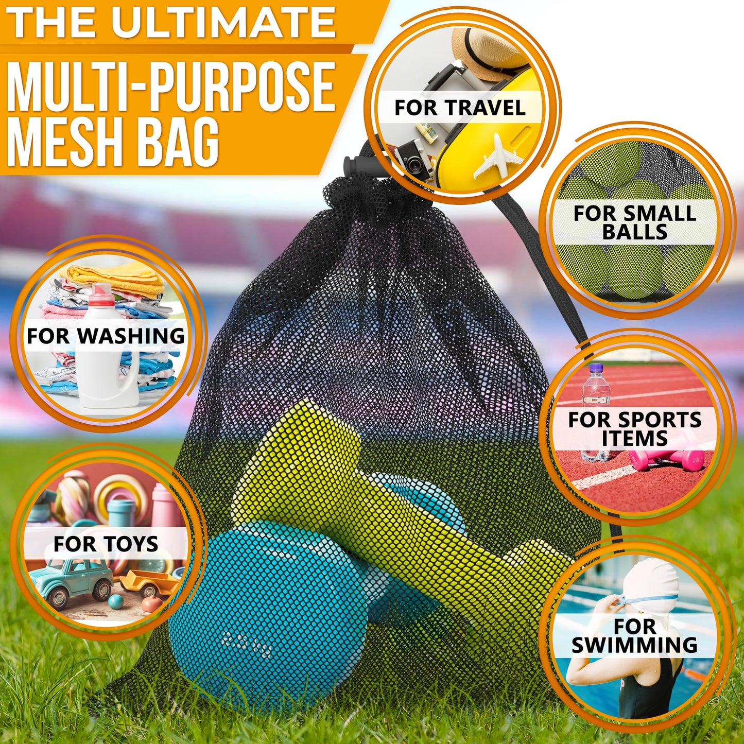 5Pcs Small Mesh Bags Drawstring Black Nylon – 11.8x7.48" Secure Cinch-Top, Mesh Bag for Tennis, Pickleball, Golf, Travel, Beach, Sports Equipment, and Mushroom Foraging – Quick-Dry and Tear-Resistant