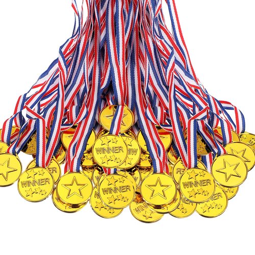 Sotiff 100 Pcs Kids Plastic Winner Award Medals Gold Winner Medals for Parties, Games, Sports, Dress up and More, 1.4 x 1.7 Inches