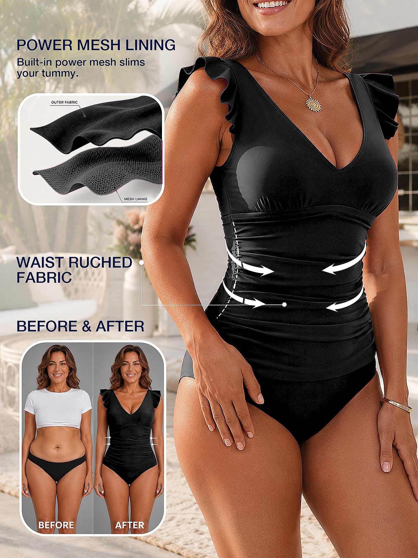LAPHEE ROSE Women's Ruffled One Piece Swimsuit Tummy Control Bathing Suits Swimwear (Style30-Black,L)