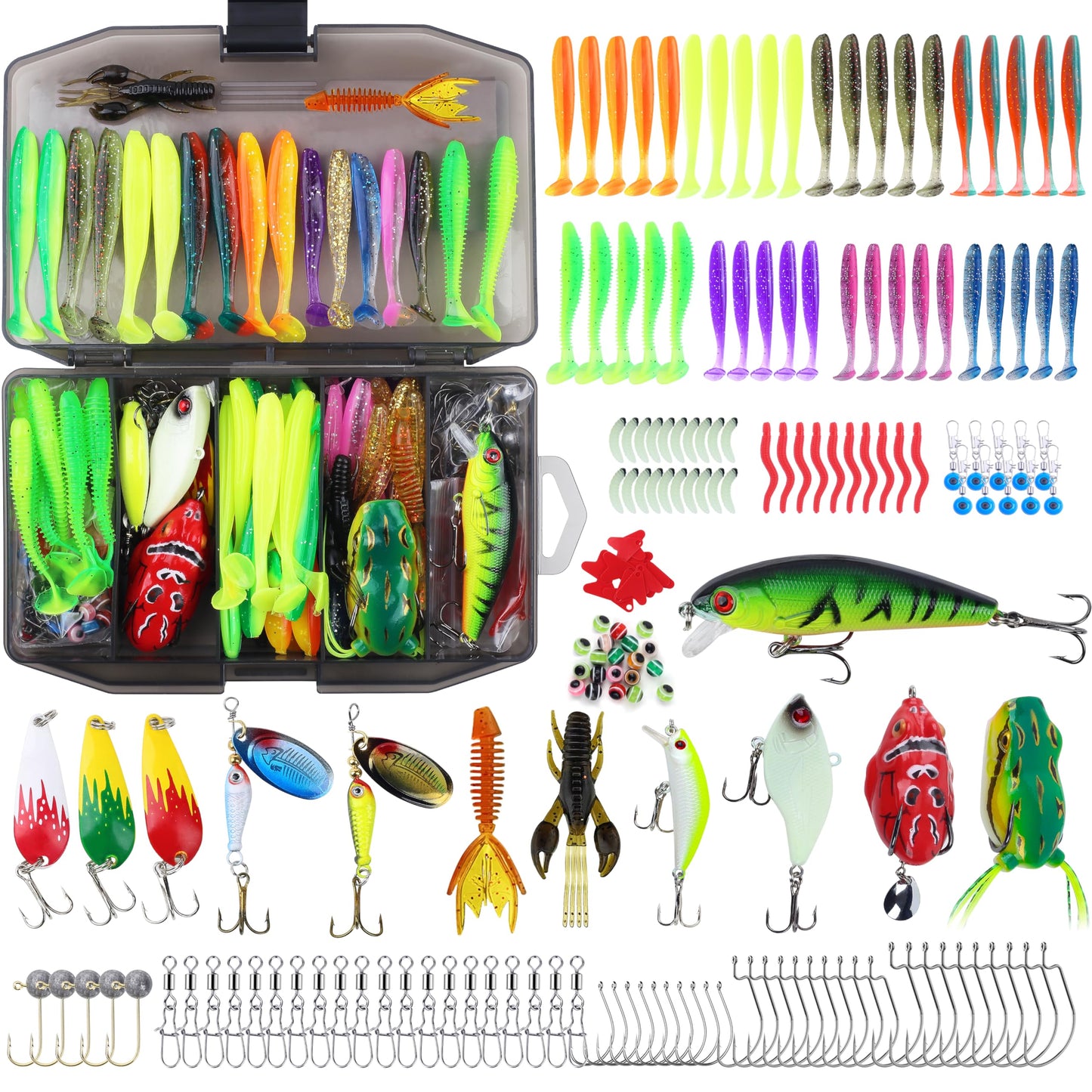 Tbbure 220 Pcs Fishing Lures Equipment Tackle Gear Box for Bass, Fish Kit with Soft Lures,Hooks, Accessories Tools,Frog,Worms,Plastic Bait, Swimbait,Crappie Jigs,Crankbaits, Gifts for Men