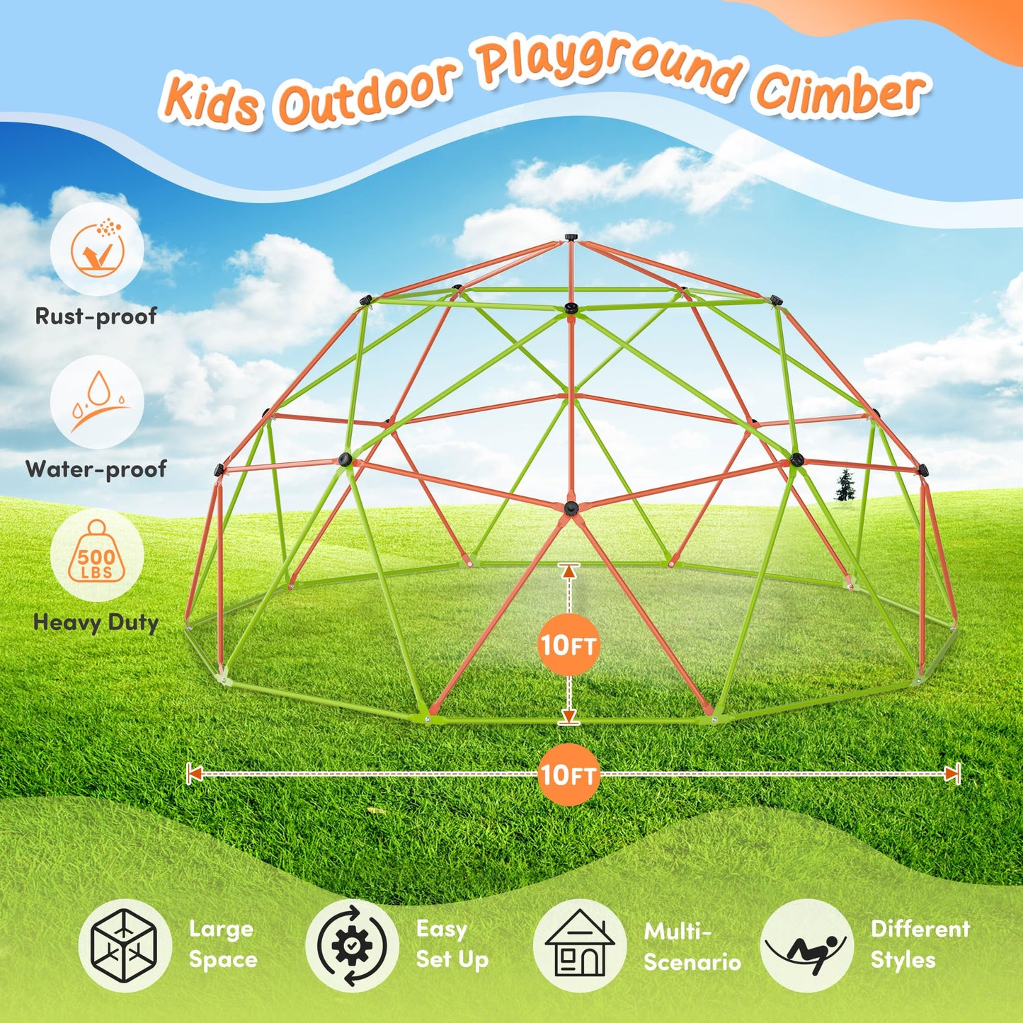 Jungle Gym 10FT X 10FT Climbing Dome with Swing & Hammock Outdoor Playset Support Up to 1000LBS Anti-Rust, Easy Assembly Gift for Boys and Girls