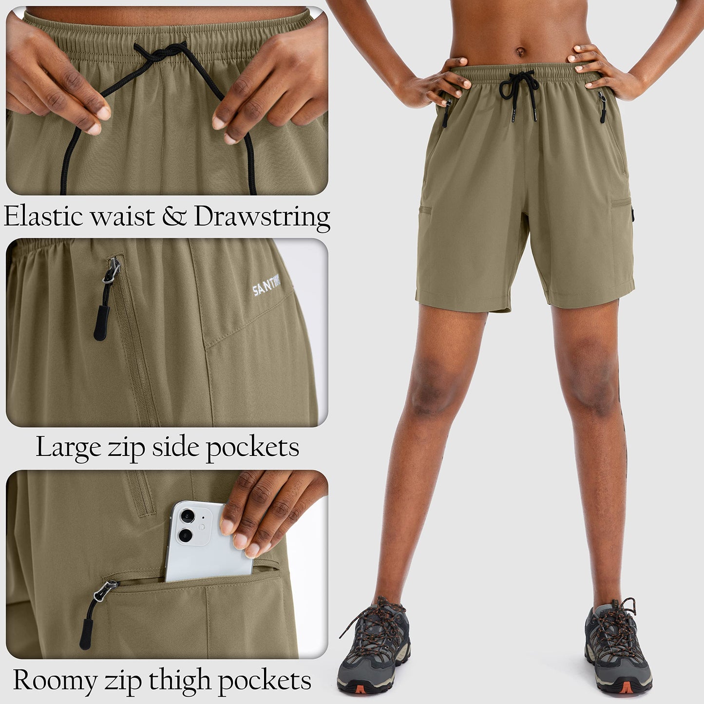SANTINY Women's 5''/ 7''/9'' Hiking Cargo Shorts Quick Dry Lightweight Summer Shorts for Women Athletic Golf Zipper Pockets(Dusty Khaki_S)
