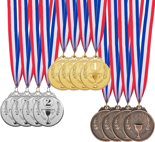 12 Pieces Gold Silver Bronze Award Medals, 1st 2nd 3rd Award Medals Metal Winner Medals with Neck Ribbon for Sports, Competitions, Olympic Style, 2 Inches