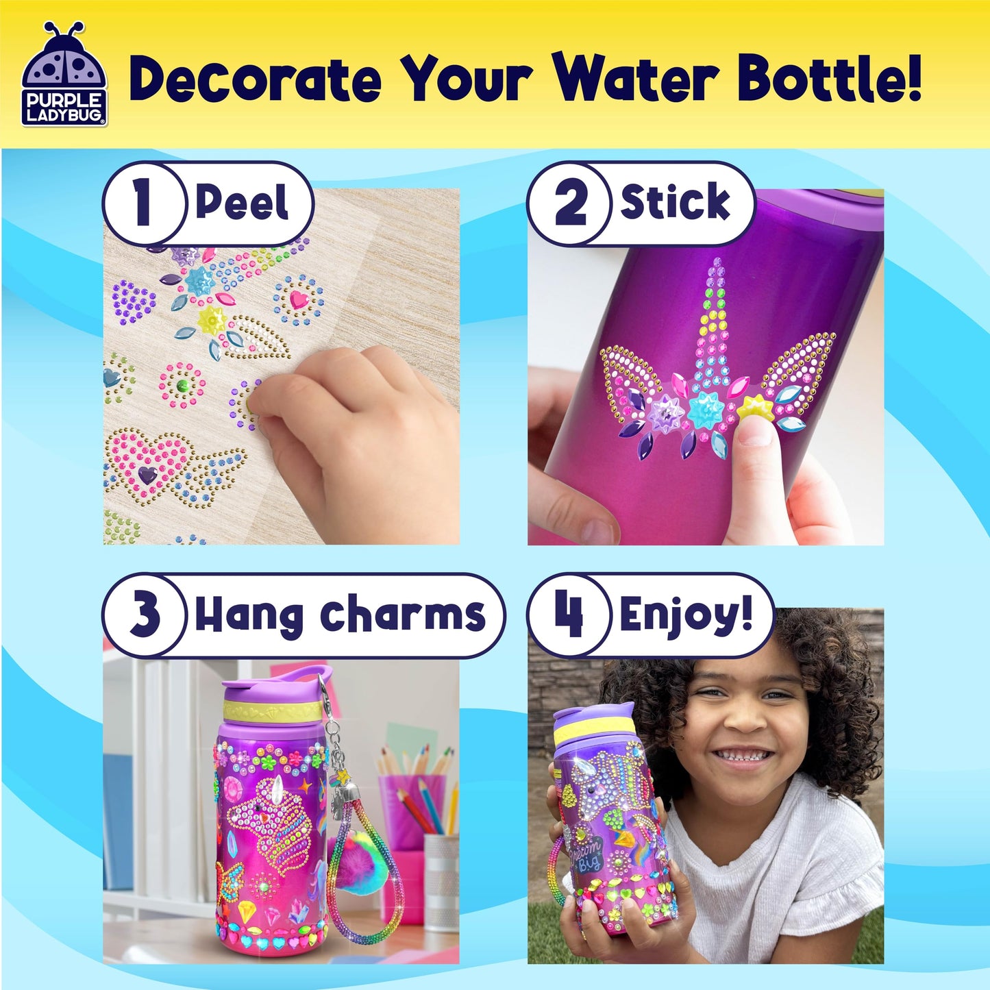 PURPLE LADYBUG Decorate Your Own Water Bottle Kit for Girls - Gift for Girls Ages 5 6 7 8 9 10 Year Old Girl Birthday Gift, Unicorn Toys Crafts Kids Ages 6-12 Summer Crafts for Kids