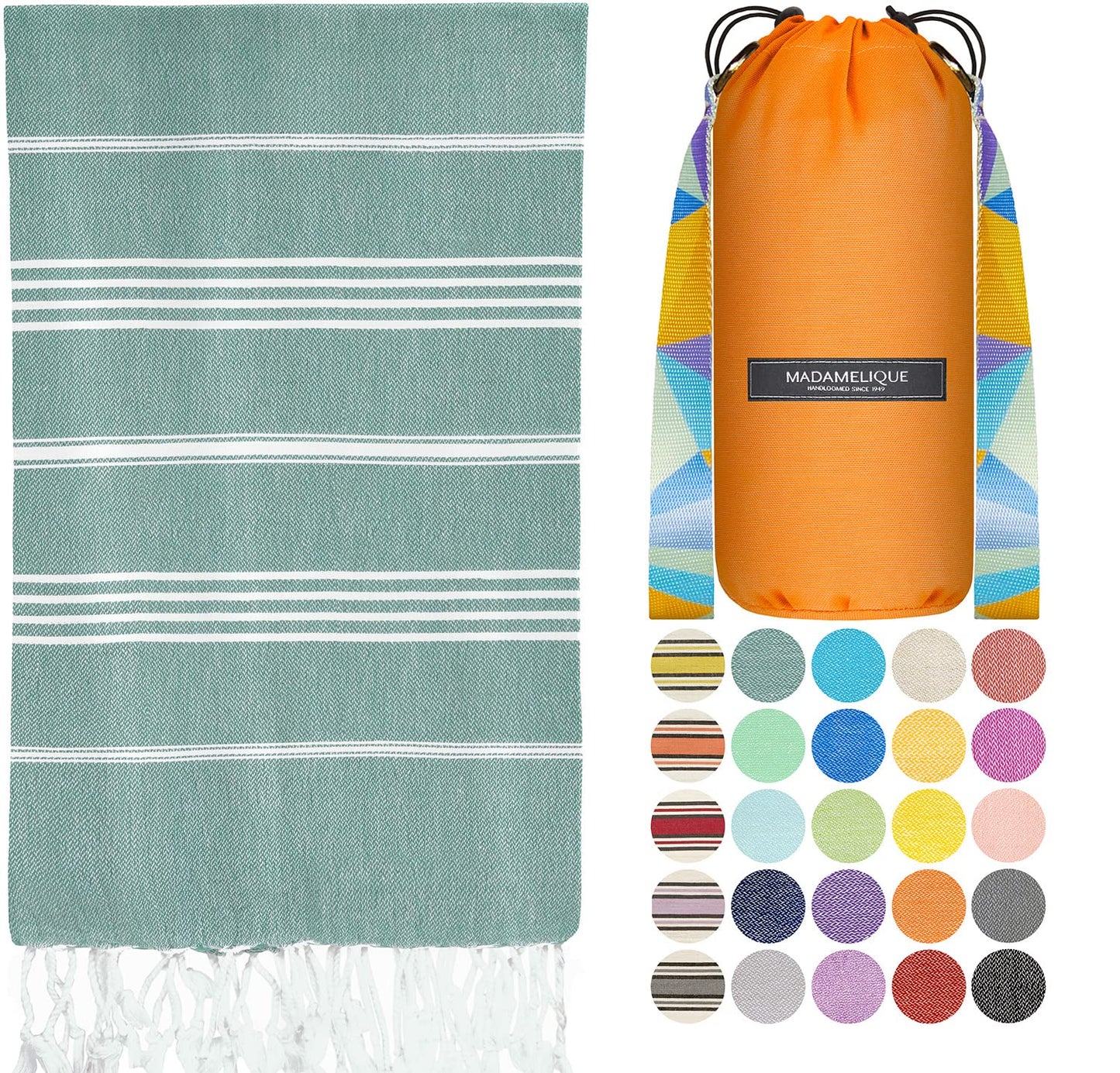 Madamelique Turkish Beach Towel with Beach Bag - 39 x 74 - Prewashed Beach Towels Oversized -%100Cotton - Quick Dry - Sand Free - Hand Loomed Turkish Bath Towels - Unique Absorbent Towel (Teal)