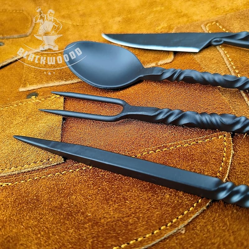 Hand Forged Viking Cutlery Set with Leather Pouch - Black Variation