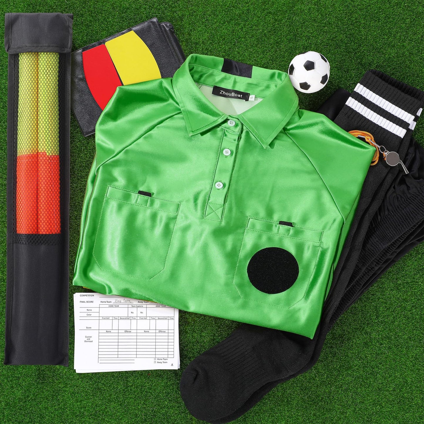 ZhouBoat Soccer Referee Kit, 6 Pcs Soccer Referee Shirt Jersey Umpire Uniform Football Linesman Flags Whistle Soccer Socks Referee Notebook Soccer Referee Costume for Adult Teenager, Green Small