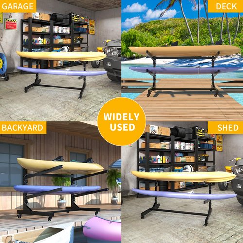 Reegangfa Freestanding Kayak Storage Rack, 2-Capacity Heavy Duty Metal Kayak Stand for Outdoor and Indoor, Adjustable Kayak Holder with Wheels, Canoe Rack for SUP, Sled, Paddle Board, Surfboard,Garage