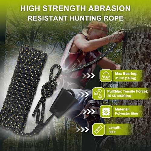 VONLX Hunting Safety Rope 30 Feet, Treestand Lifeline Rope Reflective Safety Lifeline for Hunters Climbing Tree Stand, Hanging Ladder Stands, Provides Fall Protection When Hunting from Stand