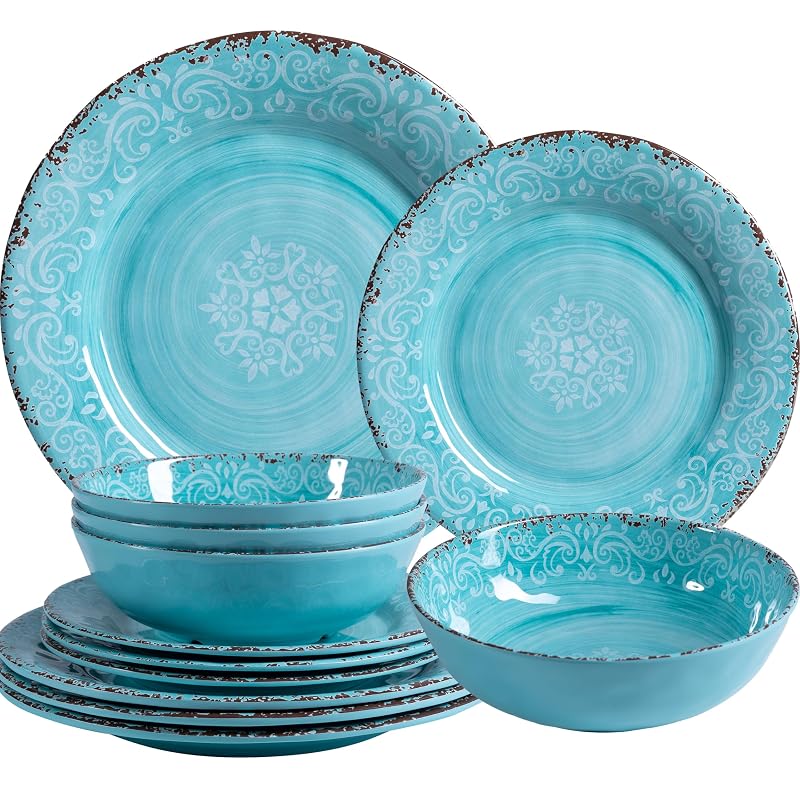 Teal 12-Piece Melamine Dinnerware Set for 4 – 4 Plates, 4 Salad Plates, 4 Bowls
