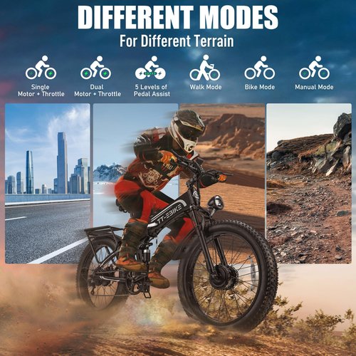 TT-EBIKE 5000W Dual Motor Folding Electric Bike Adults 42MPH with 60V 30AH Battery, 26x4 Fat Tire All Terrain Ebikes, Full Suspension E Bike, SHM 7-Speed Gear Electric Bicycle（63V）