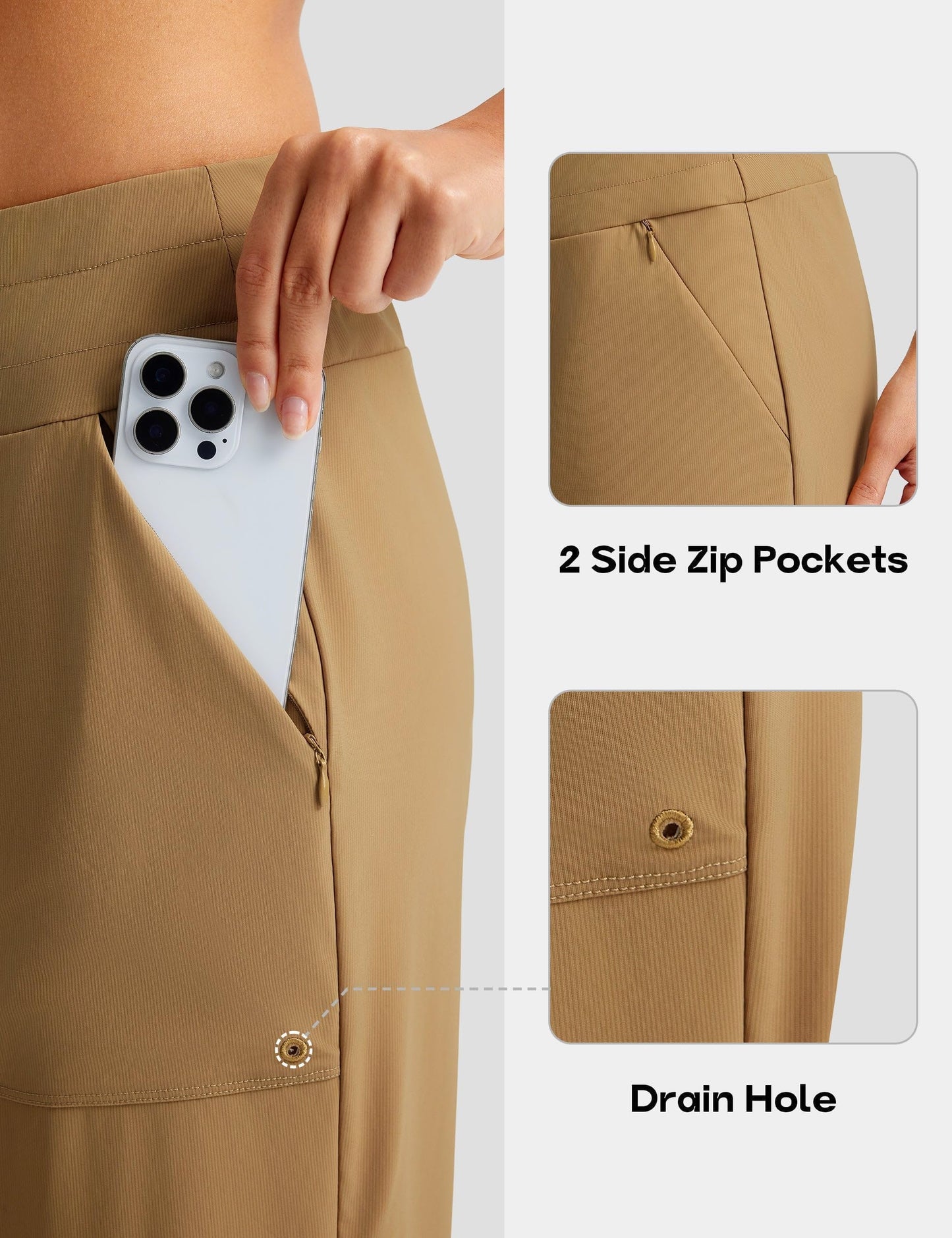 FitsT4 Sports Women's Swim Capris 21" UPF 50+ Beach Pants Quick Dry Modest Swimsuits Bathing Suit Bottoms with Zip Pockets Tan M