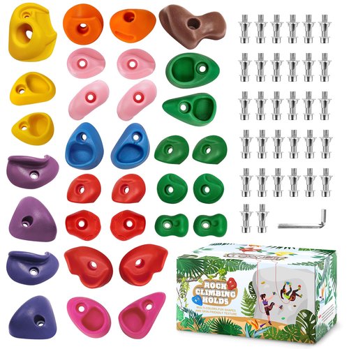 TOPNEW 32 Rock Climbing Holds Multi Size for Kids, Adult Rock Wall Holds Climbing Rock Wall Grips for Indoor and Outdoor Playground Play Set - Includes 2 Inch Mounting Hardware