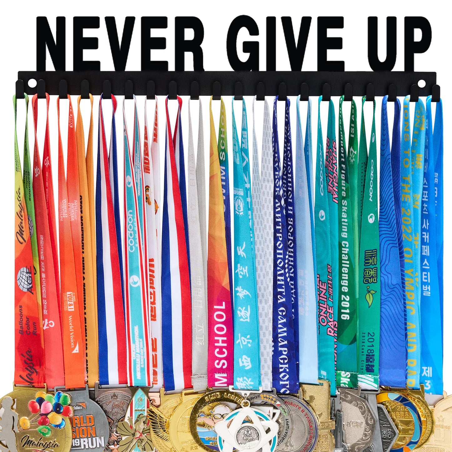 Goutoports Medal Holder Display Hanger Rack Frame for Sport Race Runner-Never Give Up - Sturdy Black Steel Metal Over 60 Medals Easy to Install-HOL30