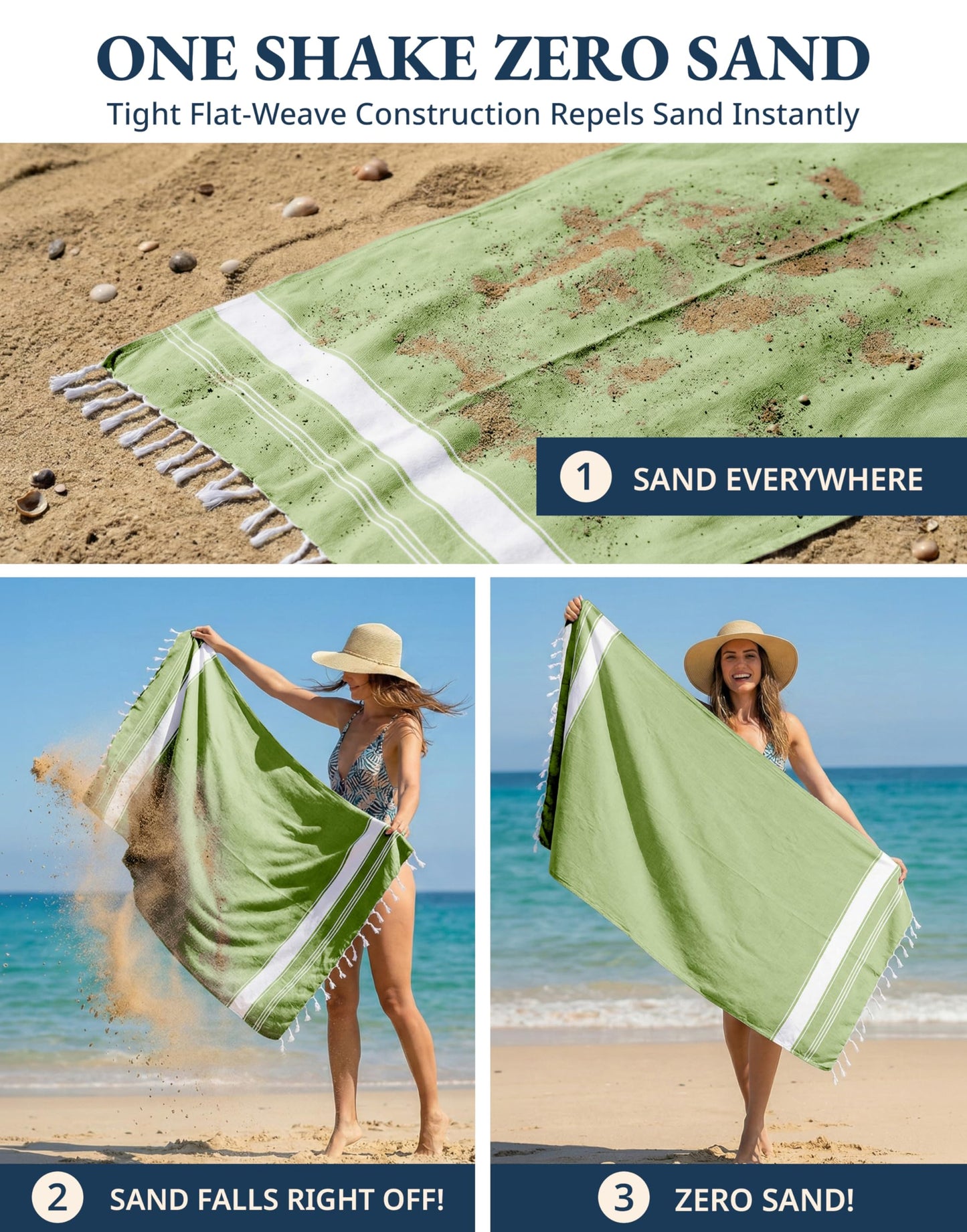 LANE LINEN Turkish Beach Towel 2 Pack, Oversized Beach Towel 39"x71", Lightweight Beach Essentials for Women, Large Pool Towel, Absorbent & Quick Dry, Sand Free Beach Towel - Jade Lime