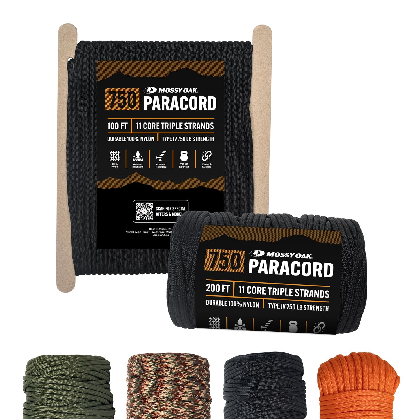 Mossy Oak Paracord Rope 750 with 11 Inner Strands | Nylon Tactical Survival Gear for Camping, Hunting, Fishing, Hiking, Crafting & DIY | Durable & Lightweight, 4mm Parachute Cord