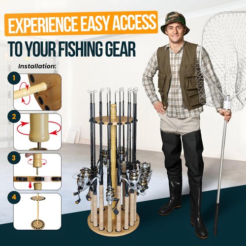 Rush Creek Creations Round 16 Fishing Rod Storage Rack - Features Traditional Handcrafted Wood Post - No Tool Assembly, Wood Grain Laminate