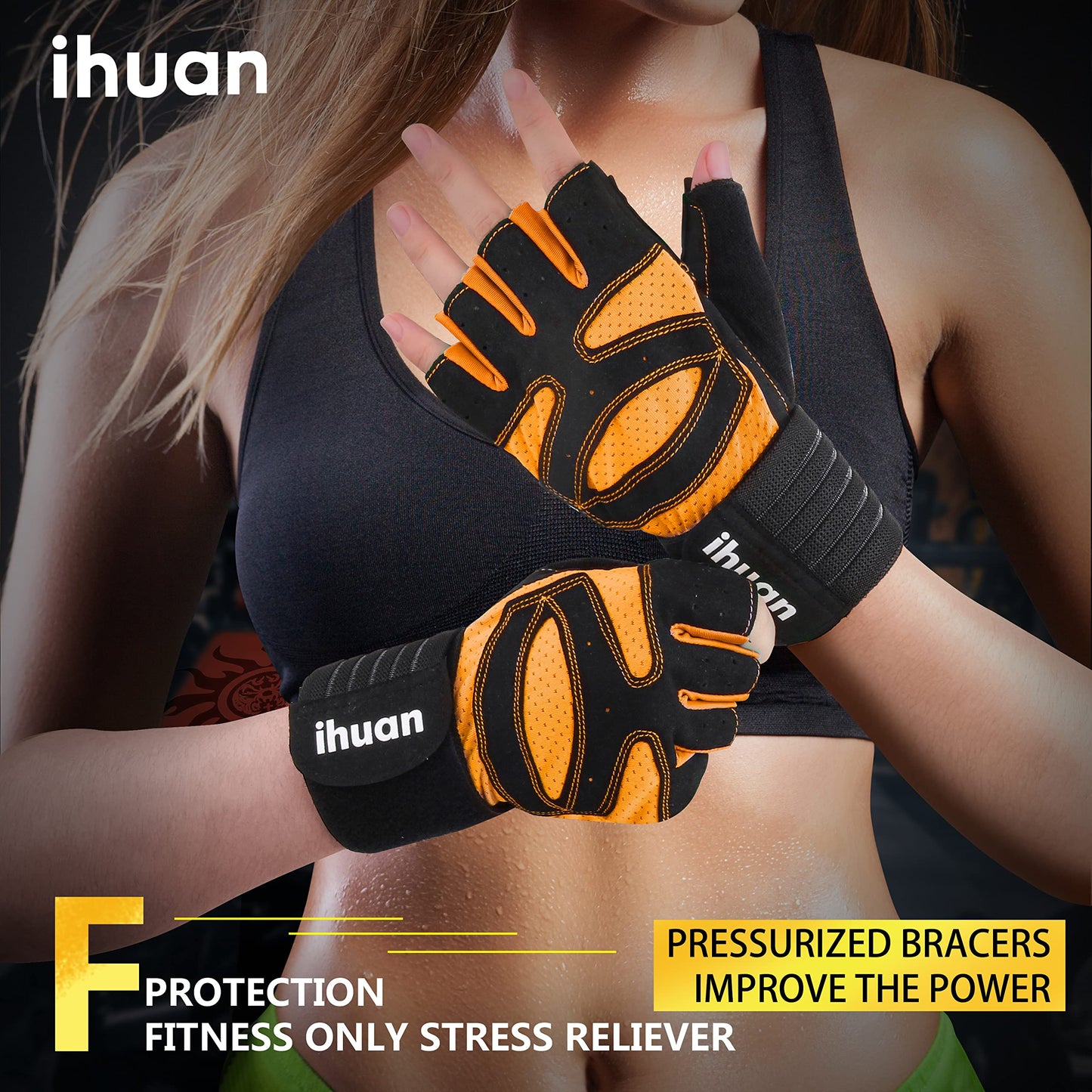 ihuan Ventilated Weight Lifting Gym Workout Gloves with Wrist Wrap Support for Men & Women, Full Palm Protection, for Weightlifting, Training, Fitness, Hanging, Pull ups (Orange, M)
