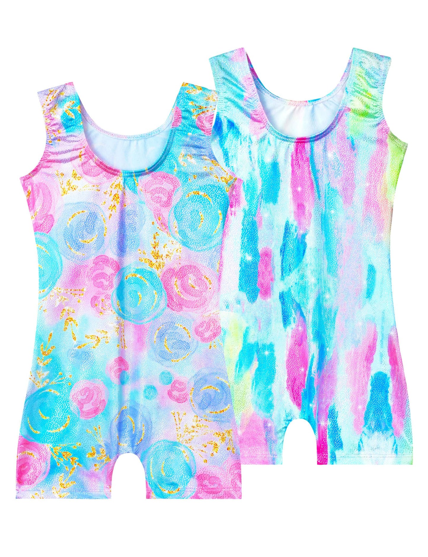 Nokecina Girls Leotards for Gymnastics with Shorts Size 7-8 Years Old Blue Rose Flowers Biketards Unitards Two Pack