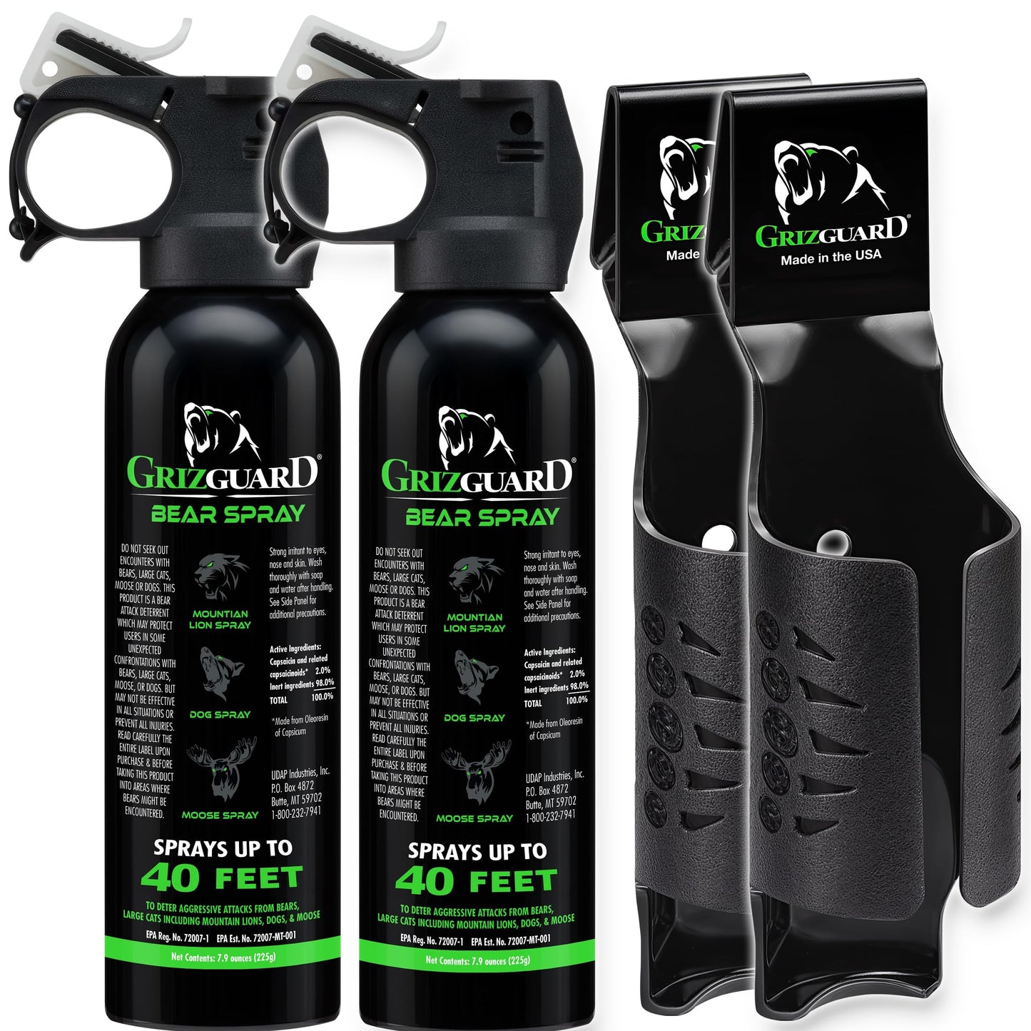 Griz Guard Bear Spray with Holster 2 Pack – Max Strength 7.9 oz, 40-Foot Range, EPA-Registered Deterrent for Bears, Mountain Lions, Coyotes, Dogs & Moose, Glow Safety Clip, Hiking & Camping Protection