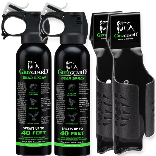 Griz Guard Bear Spray with Holster 2 Pack – Max Strength 7.9 oz, 40-Foot Range, EPA-Registered Deterrent for Bears, Mountain Lions, Coyotes, Dogs & Moose, Glow Safety Clip, Hiking & Camping Protection