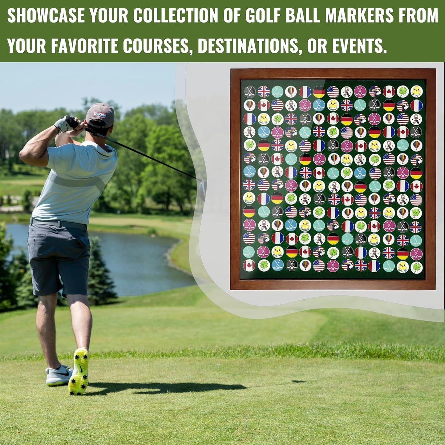 100 Golf Ball Marker Display Case Magnetic 15.5" W x 16.5" H Wall Mounted Ball Marker Display Frame Shadow Box Acrylic Cover Magnetic Back Panel Suitable for Collecting Golf Ball Markers