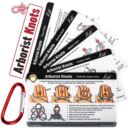 Kutir Arborist Knots Card Set - 10 Essential Knots for Camping, Climbing, & More - Waterproof Pocket Guide with a Carabiner