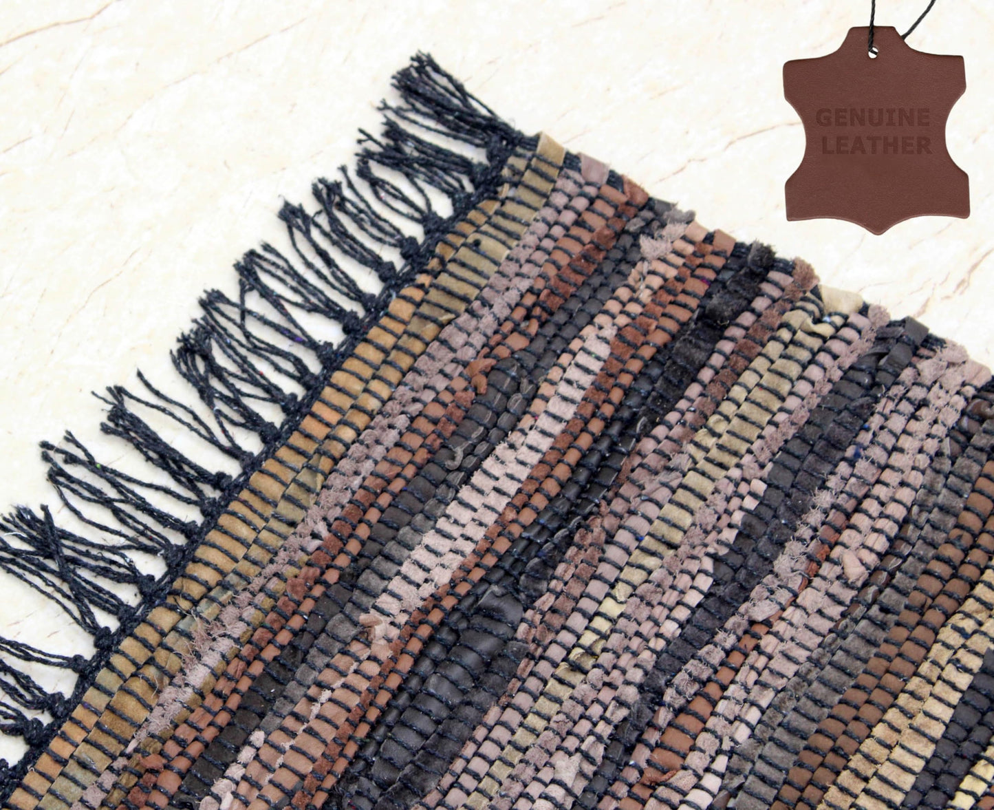 COTTON CRAFT Leather Chindi Area Rug - Boho Farmhouse Rustic Accent Rug - Neutral Handwoven Reversible Natural Organic Recycled Leather Throw Rug - Entryway Living Room Gift - 3' x 5' - Tan Multicolor