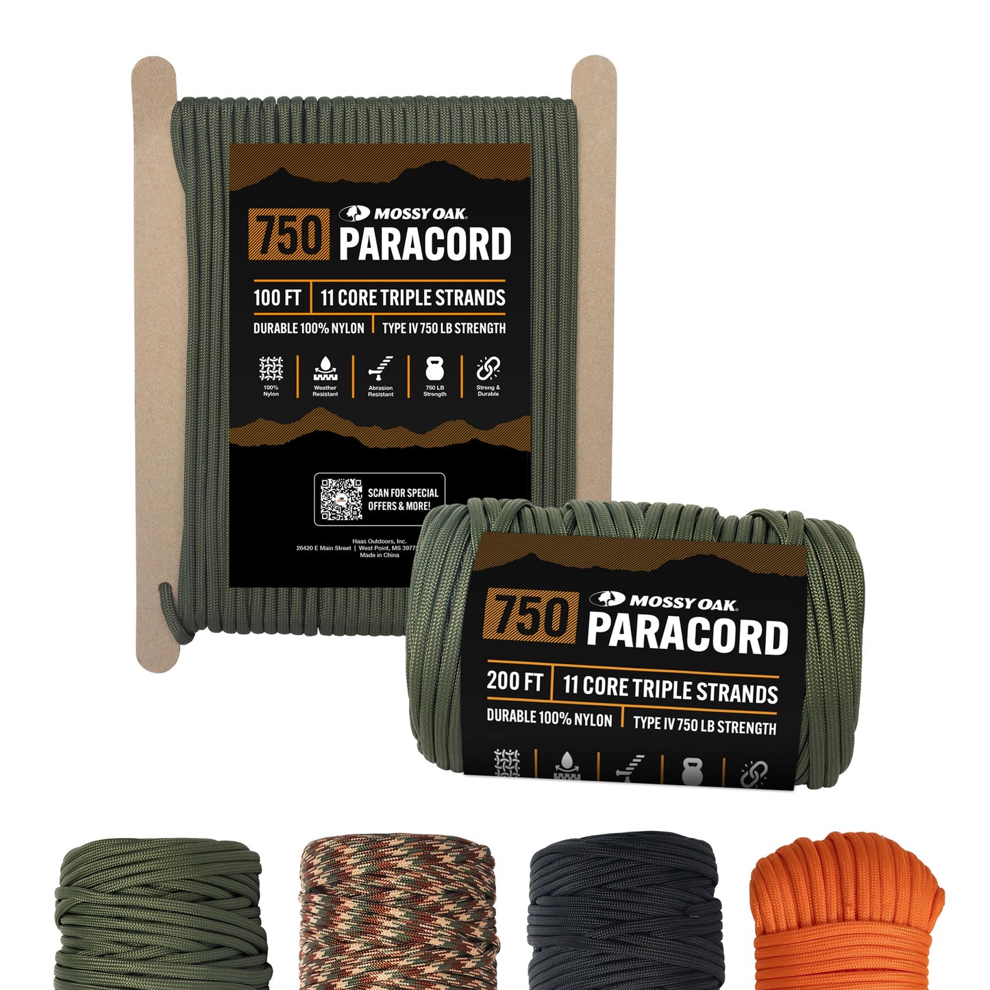 Mossy Oak Green Paracord Rope 750 with 11 Inner Strands | 50ft Nylon String, Tactical Survival Gear for Camping, Hunting, Fishing, Hiking, Crafting & DIY | Durable & Lightweight, 4mm Parachute Cord