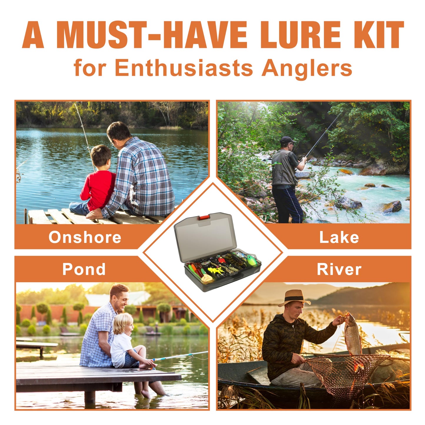 TRUSCEND Complete Fishing Lures - Tackle Box with Tackle Included - Crankbaits, Minnows, Frogs, Vibes, Poppers, Spinners, Spoons, Soft Baits, Hooks & Weights Accessories Kit for Bass Panfish Trout