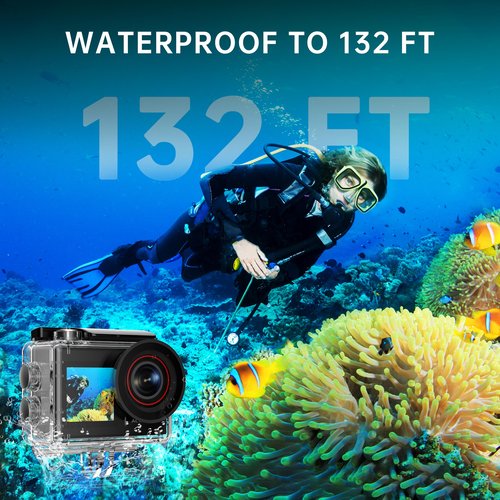 ODDV 4K 30MP Waterproof Action Camera with 60FPS & Dual Screens, 132FT Underwater Camera with 64GB Card, EIS Stabilization, 5X Zoom, WiFi Remote Control Action Camera Ideal for Sports, Snorkeling