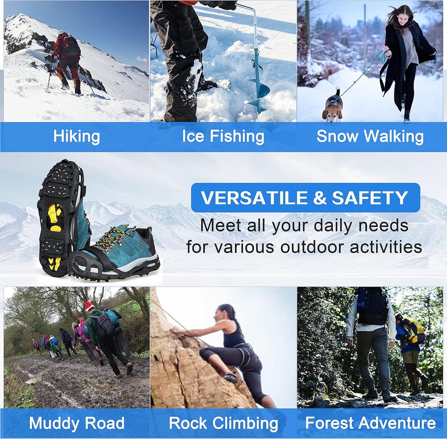Ice Cleats for Shoes and Boots, Non Slip Ice Shoes Grippers 28 Studs Snow Cleats Crampons for Women Men Ice & Snow Cleats with Adjustable Straps for Winter Hiking Walking Ice Fishing