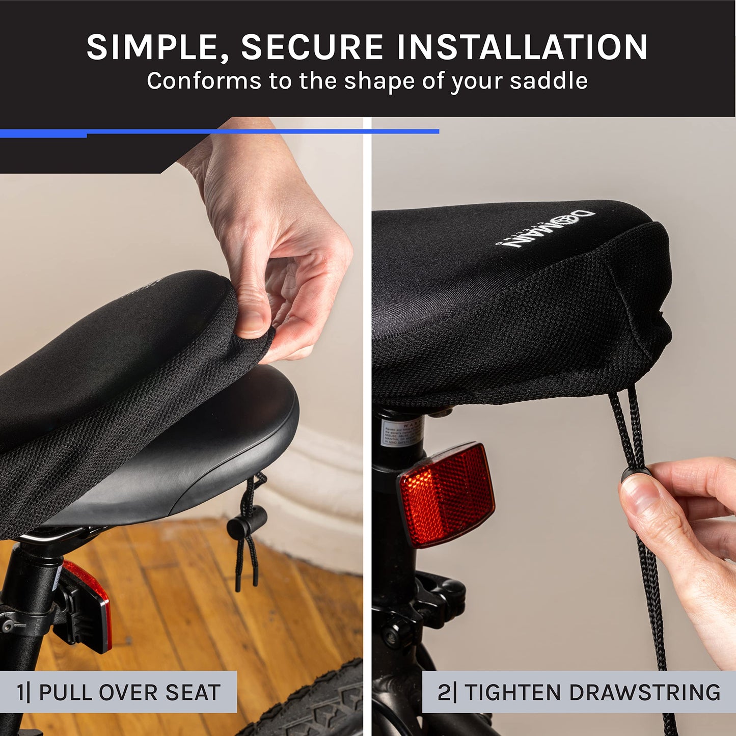Domain Cycling Gel Bike Seat Cushion - Secure Peloton Fit for Smooth Stable Rides- Non-Slip Bicycle Cover for Exercise Bikes, Padded for Men or Women Comfort, 10.5”x7”