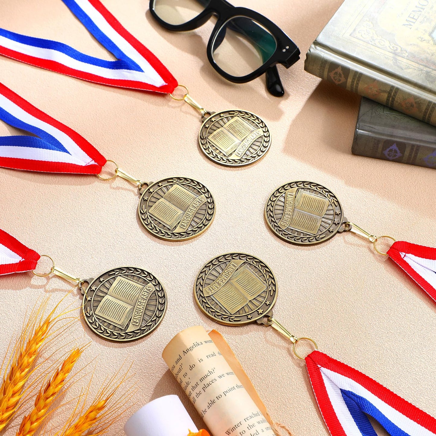 Quelay 30 Pcs 2'' Award Medals Bulk Gold Winner Medals with Neck Ribbons Metal Trophy Award Prize Gift for Tournaments, Competitions, Party, Kids and Adults(Language Arts)