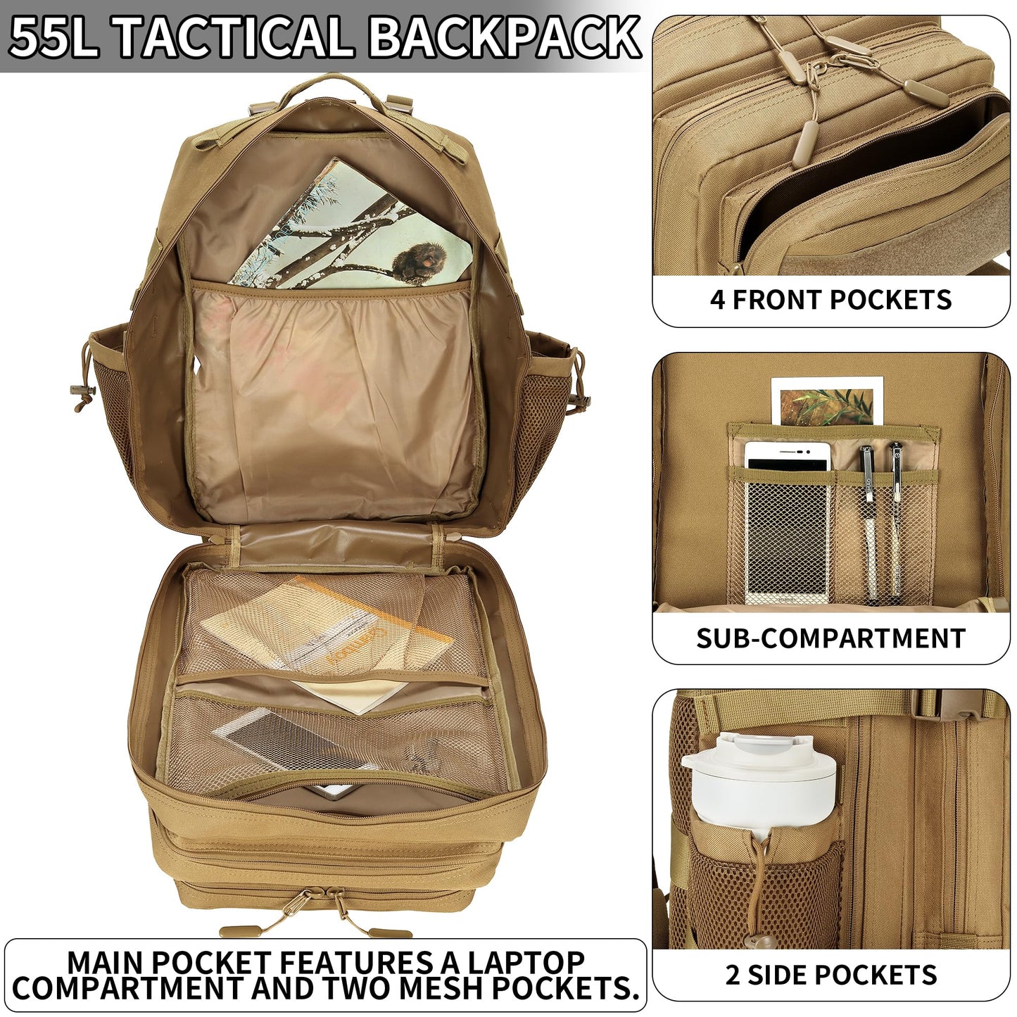 MoonWang 55L Tactical Backpack Heavy Duty Military Rucksack Molle Backpack 3 Day Assault Pack for Work Outdoors