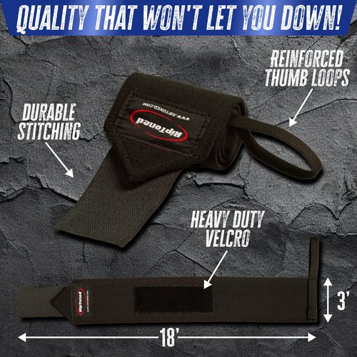 Rip Toned 18" Stiff Wrist Wraps for Maximum Support – Adjustable & Machine-Washable Wrist Straps for Weightlifting & Heavy Workouts – USPA Approved for Men & Women – Black