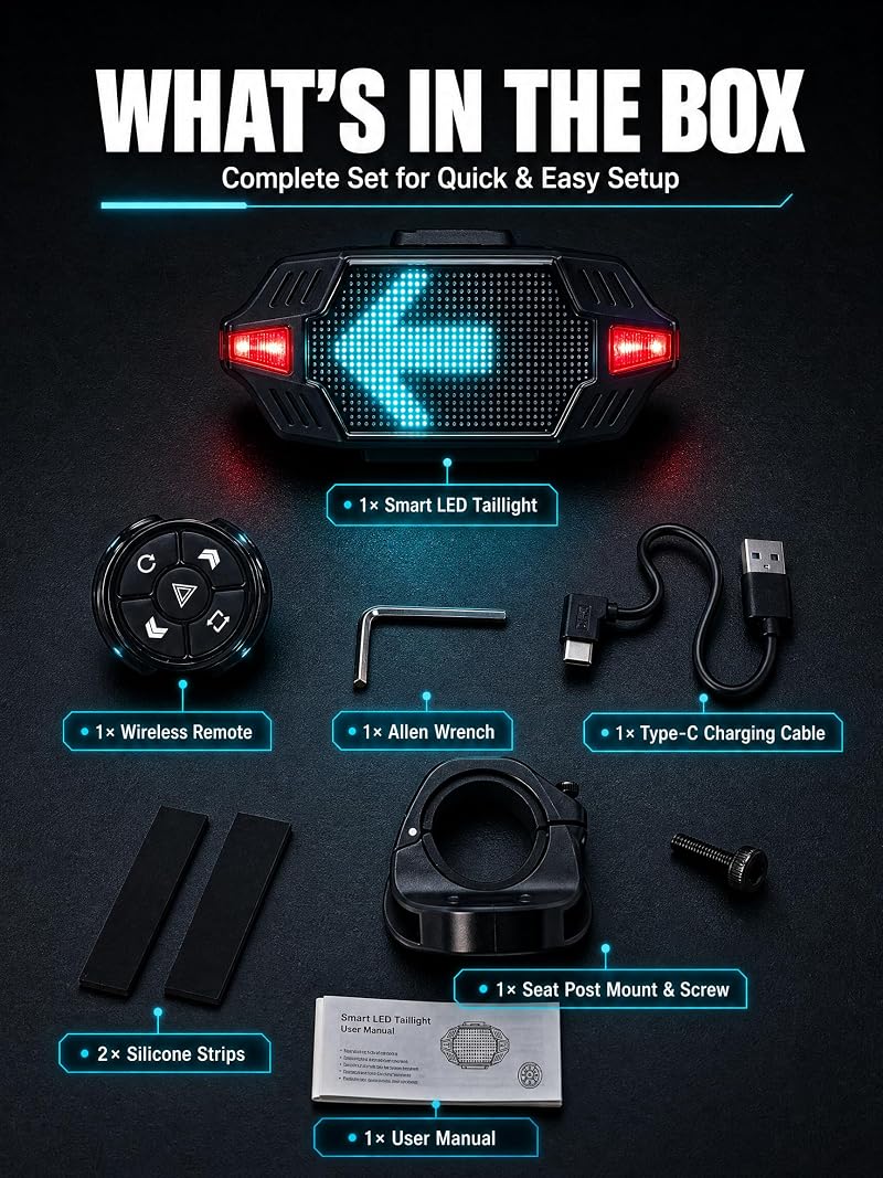 Smart Bicycle Tail Light with Remote, USB-C Rechargeable Turn Signals, 1000mAh