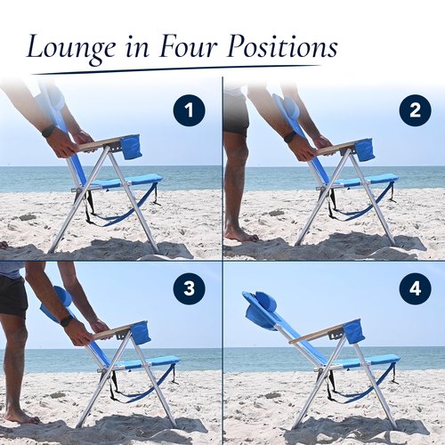 Caribbean Joe Folding Beach Chair, 4 Position Portable Backpack Foldable Camping Chair with Headrest, Cup Holder, and Wooden Armrests, Red, 33.5"D x 3"W x 25"H