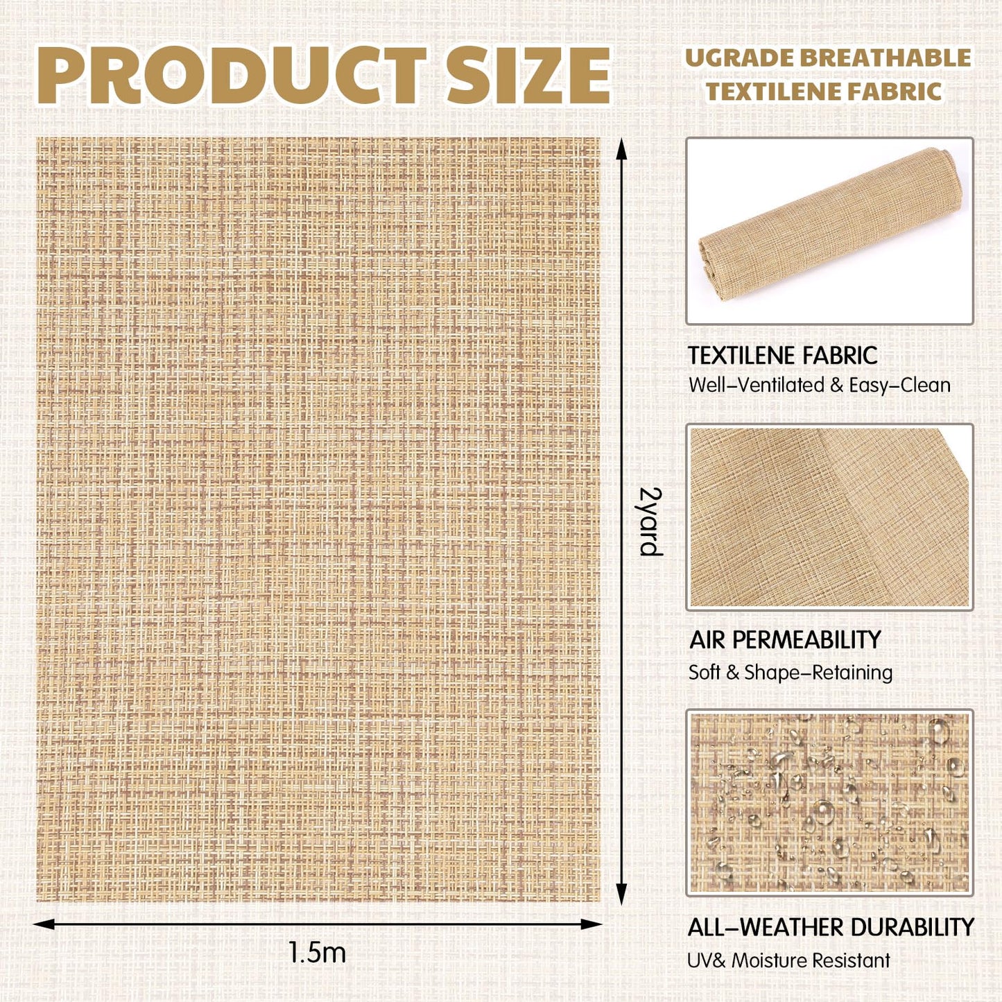 SmoothNovelty Vinyl Woven Mesh Sling Fabric 2 Yard x 1.5 M Outdoor Patio Chair Replacement Fabric Woven Waterproof Sling Material Patio Furniture Repair DIY Upholstery, Beige