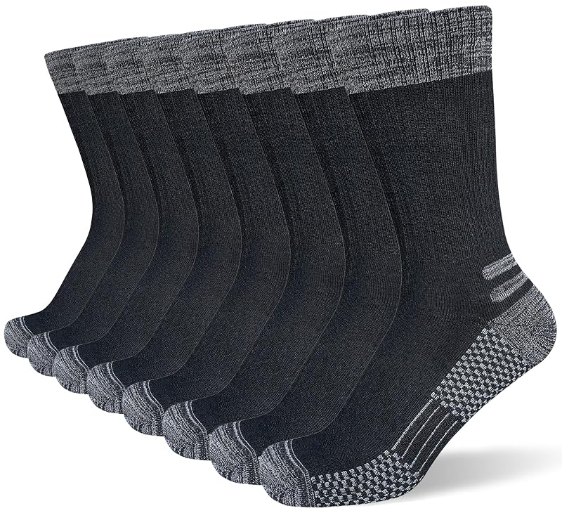 Mens Crew Work Socks 4 Pairs - Cozy Cushioned Moisture-Wicking, Black
