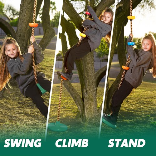 TURFEE Tree Swing for Kids - Single Disc Seat and Climbing Rope Set w/Carabiner & 4 Ft Strap - Treehouse and Outdoor Playground Accessories - Green ﻿