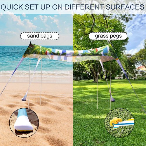 SUNWISHA Beach Tent Sun Shelter 10x10FT, Portable Shade Canopy UPF 50+, with 4 Aluminum Foldable Poles, Protection Beach Shade Canopy, Camping, Fishing, Picnics, Backyard Picnics