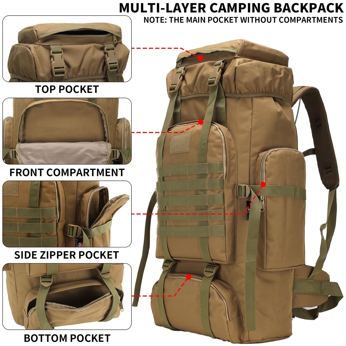 W WINTMING Hiking Backpack for Men 70L/100L Camping Backpack Military Rucksack Molle 3 Days Assault Pack for Climbing