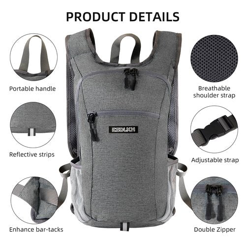 ESDLKH Small Hiking Backpack with Detachable Front Phone Holder, Foldable Packable Back pack with Chest and Waist Strap, Lightweight Daypack for Women Men (Gray, 15L)