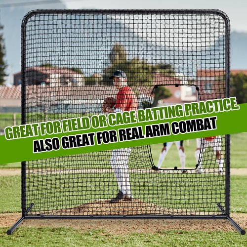 RoundFunny Baseball Pitching Net Screen 7ft x 7ft Softball Batting Machine Protective Screens with Steel Frame Carry Bag Cut-Out Through Net for Baseball Practice Training Equipment