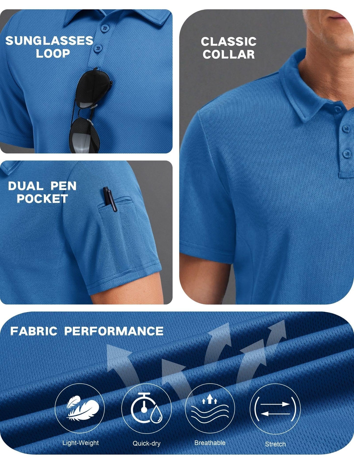PINSPARK Men's Polo Shirts 3 Button Quick Dry Performance Collared Casual Shirt Short Sleeve Golf Polos for Men Blue