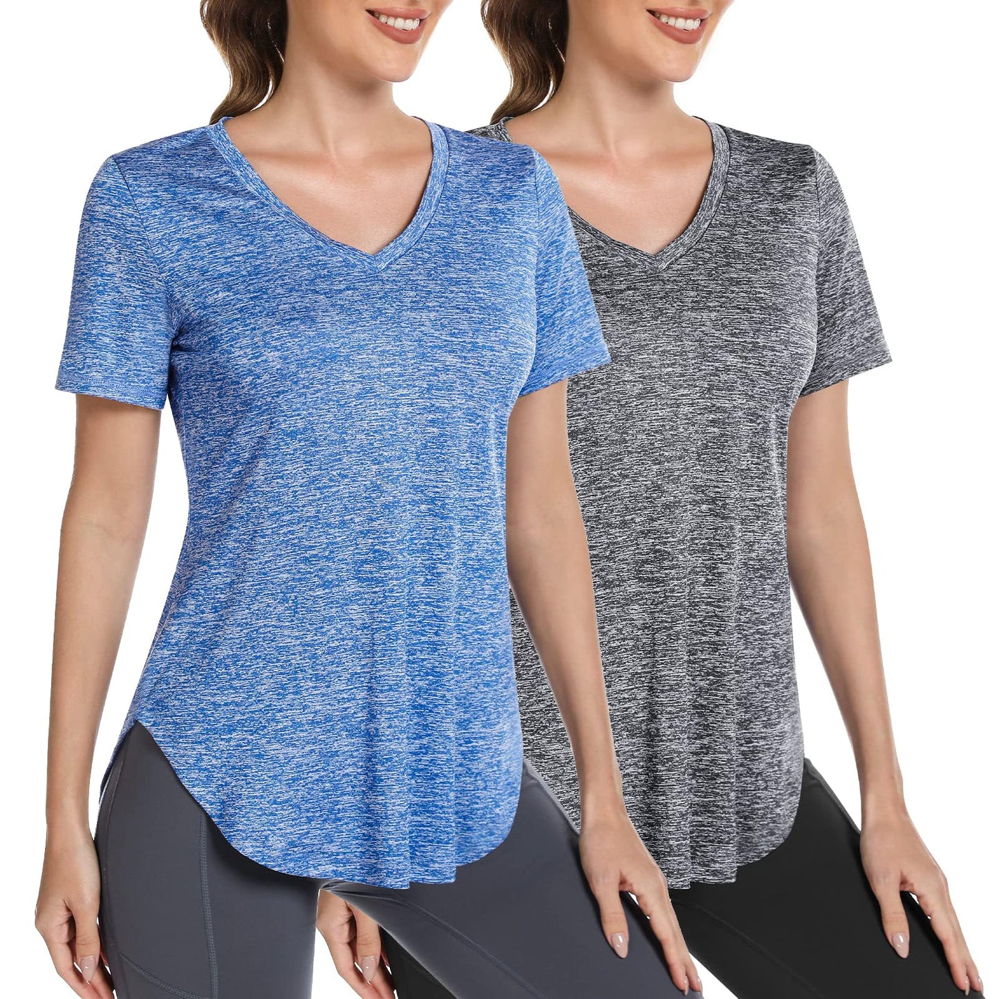 Alovien Short Sleeve Workout Shirts Women Loose Fit, V-Neck Women Exercise T-Shirt Workout Top, Dry Fit Yoga Gym Sport Tops, Grey & Blue,L